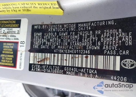 2014 Toyota Avalon Xle Touring z USA, uszkodzony, nr VIN 4T1BK1EB4EU112346